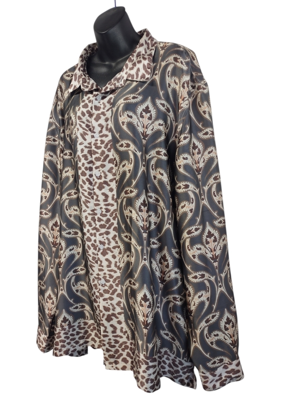 ASOS Design Wns Plus Size 5XL Long Mixed Leopard Paisley Print Button Down Shirt - Picture 3 of 8